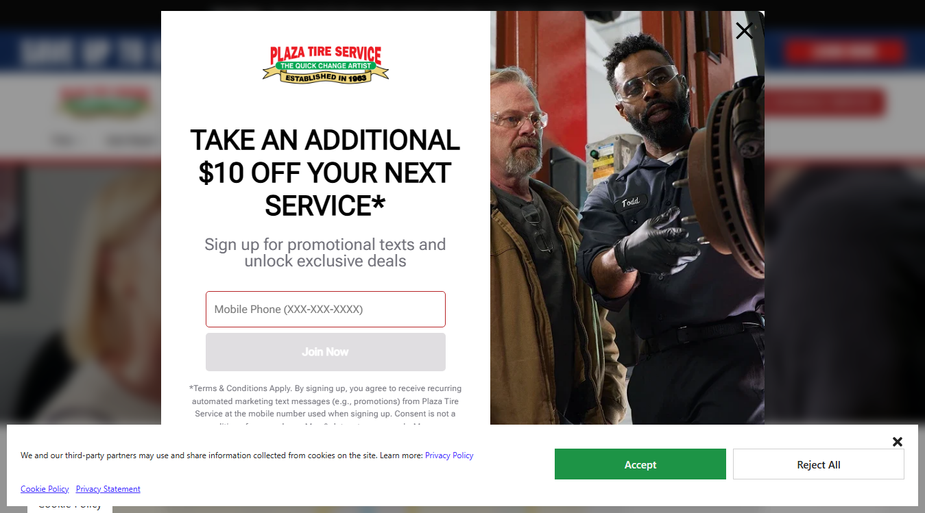 Website screenshot for Plaza Tire Service