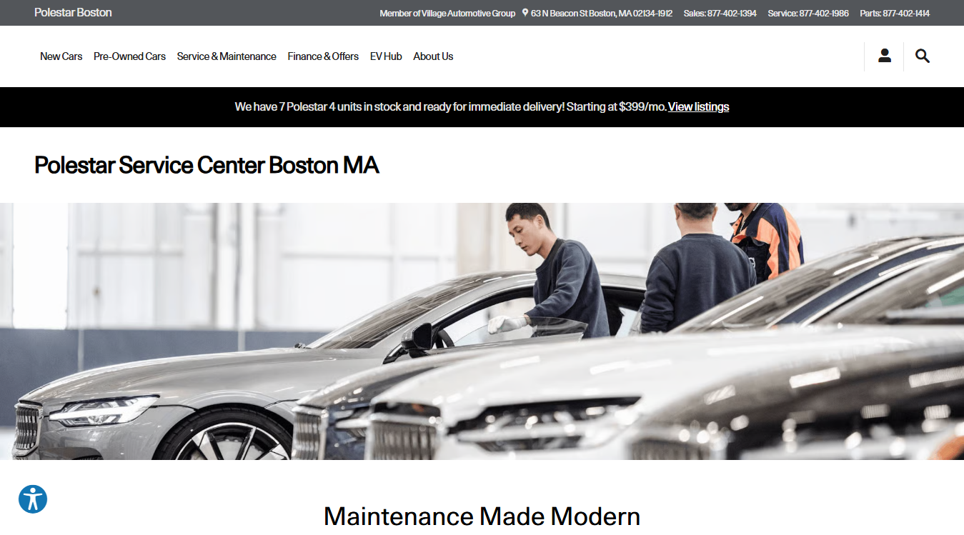 Website screenshot for Polestar Boston Service Department