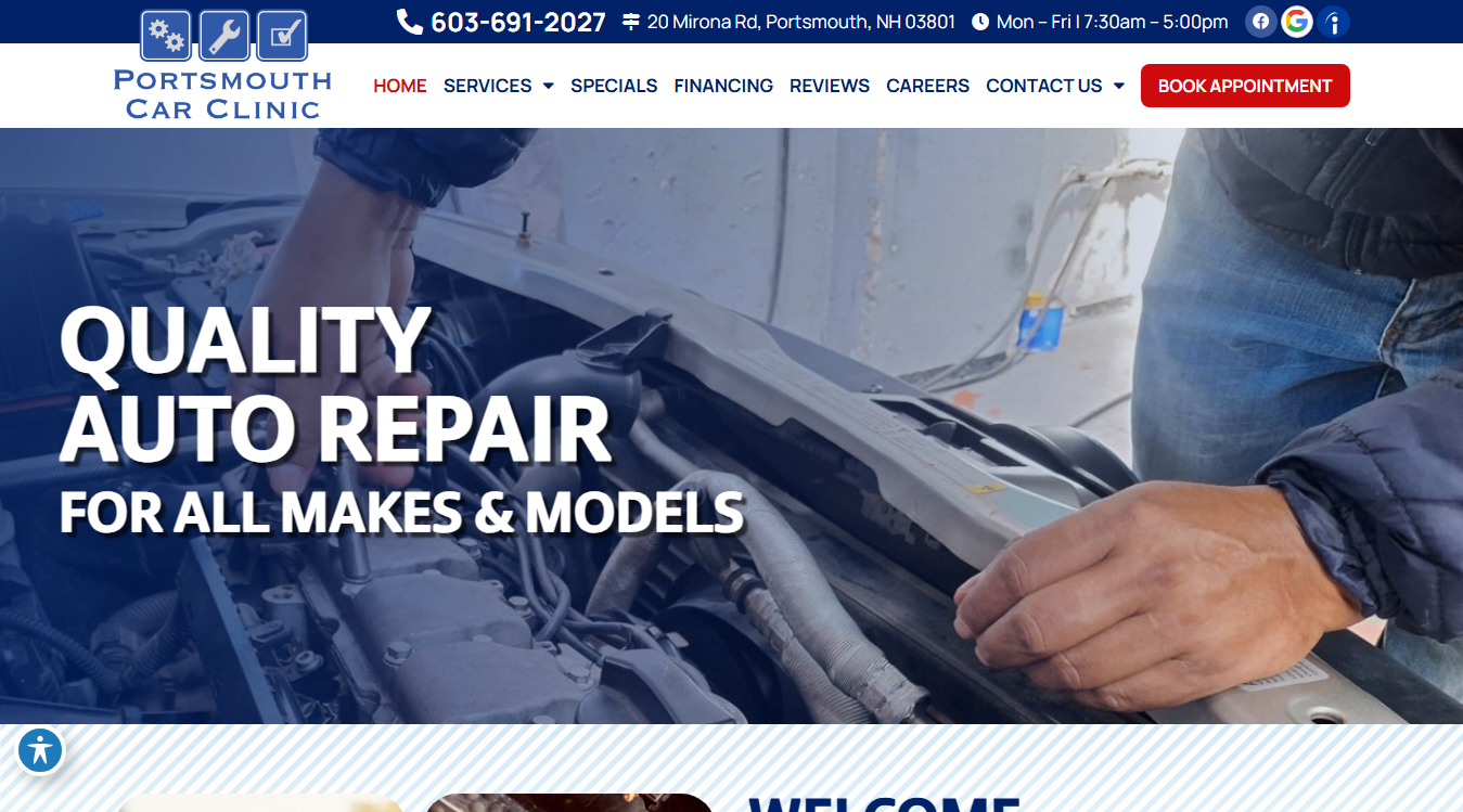 Website screenshot for Portsmouth Car Clinic