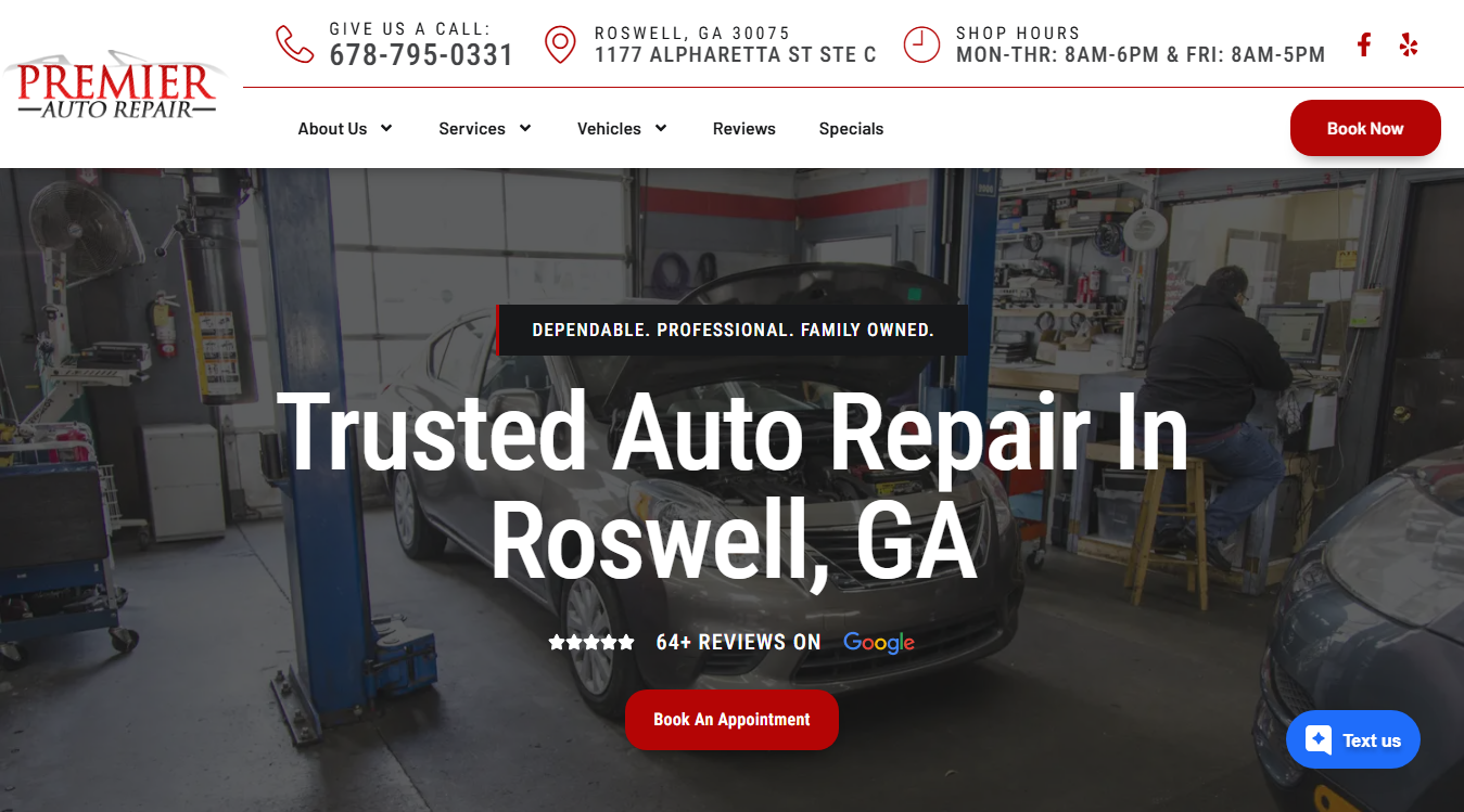 Website screenshot for Premier Auto Repair