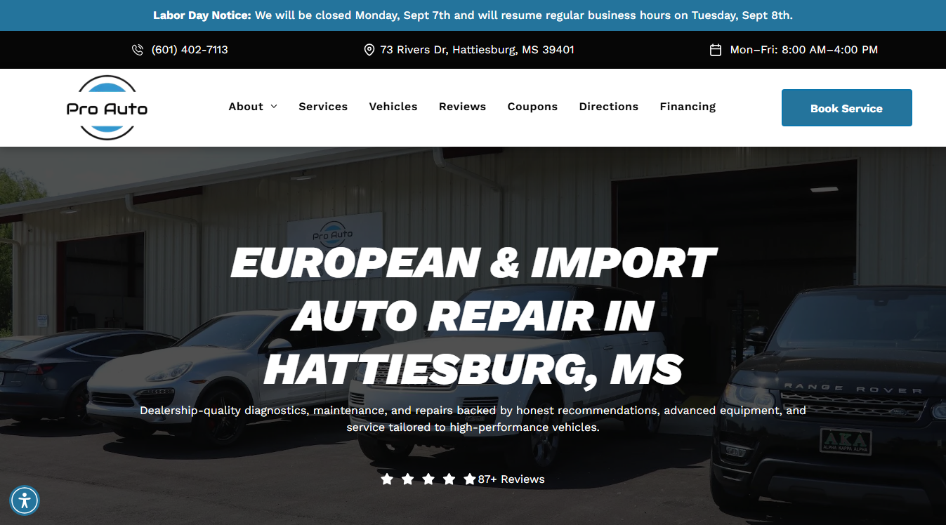 Website screenshot for Pro Auto European & Import Specialists
