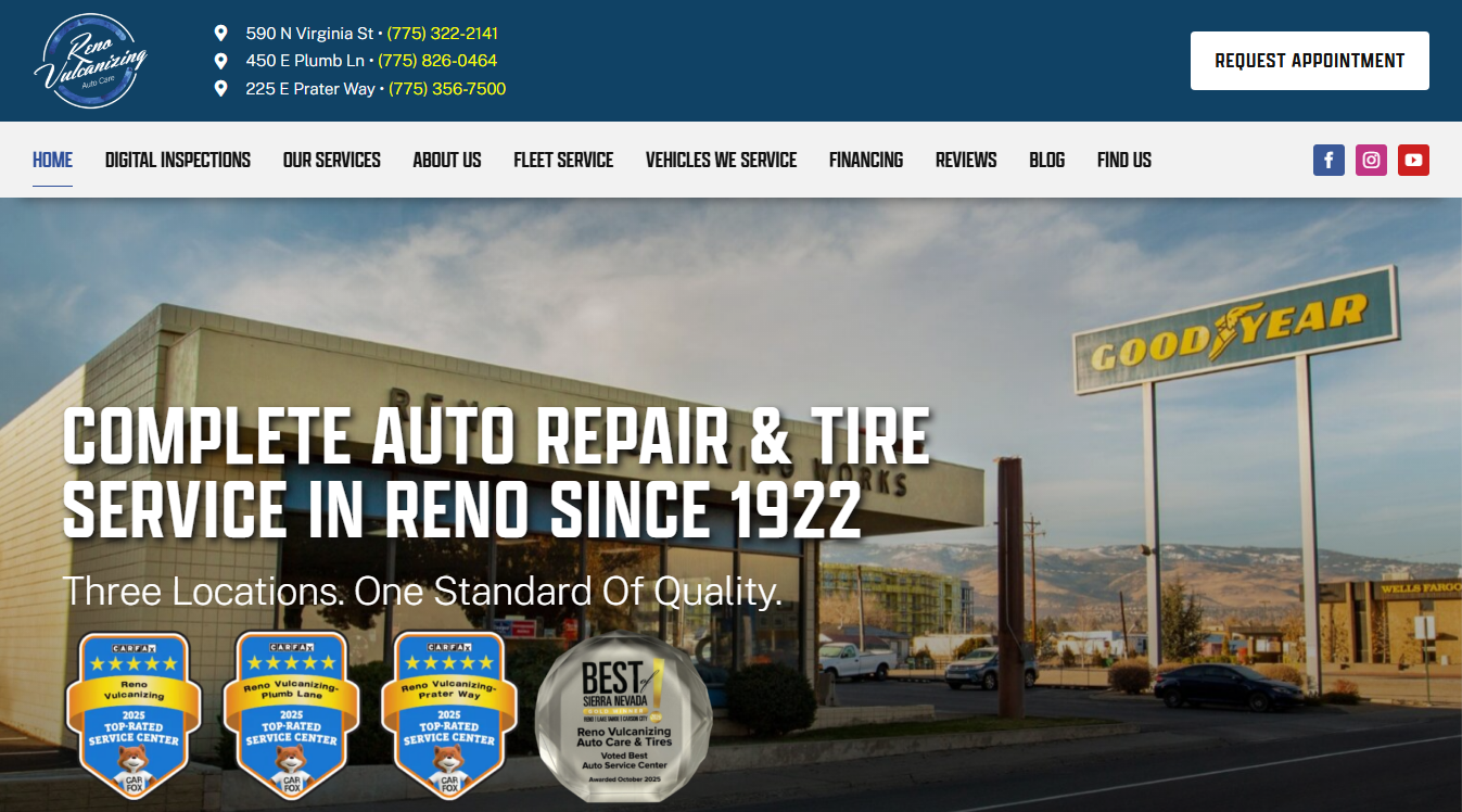 Website screenshot for Reno Vulcanizing Auto Care and Tires
