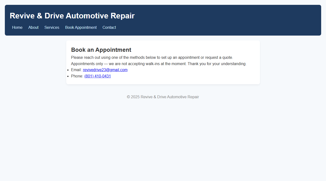Website screenshot for Revive&Drive Automotive Repair