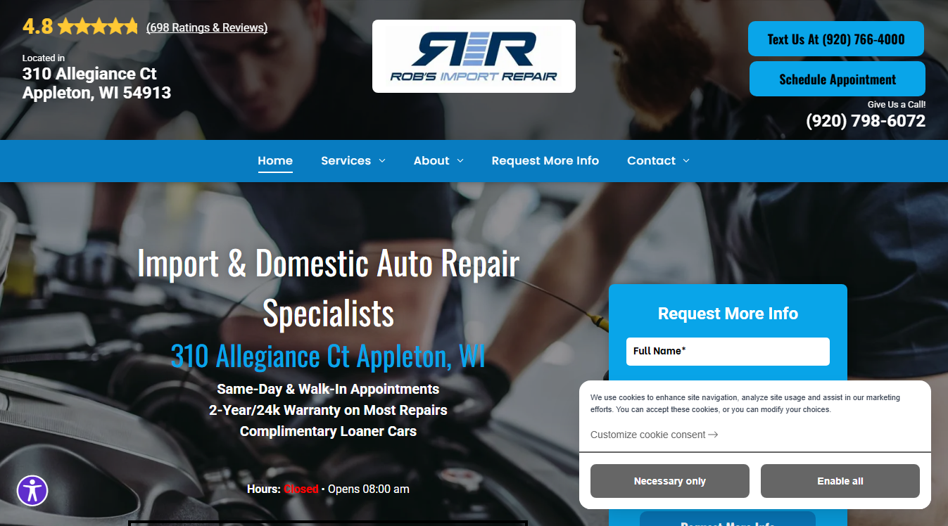 Website screenshot for Rob's Import Repair