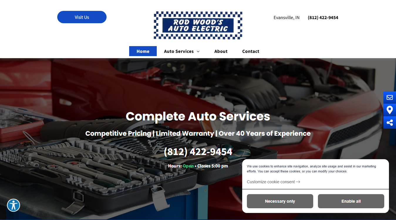 Website screenshot for Rod Wood's Auto Electric