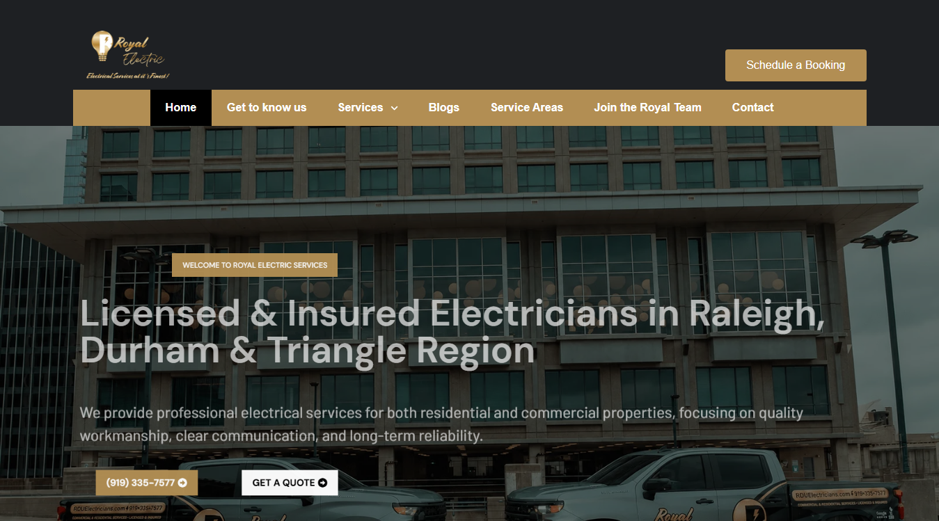 Website screenshot for Royal Electric Services of Raleigh, NC