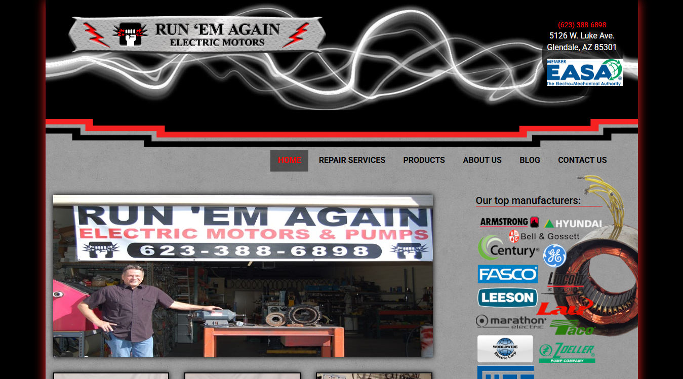 Website screenshot for Run 'Em Again Electric Motors