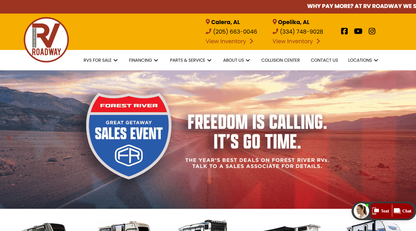 Website screenshot for RV Roadway of Opelika
