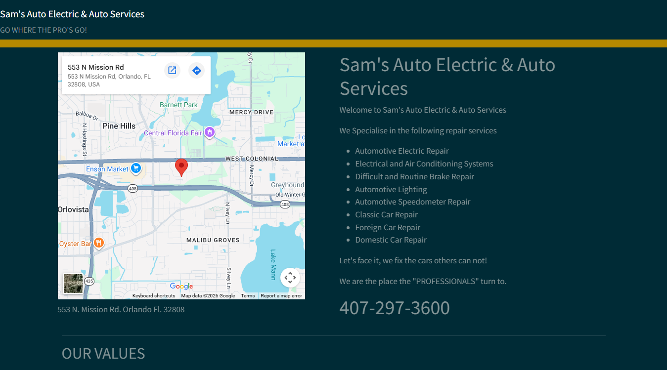 Website screenshot for Sam's Auto Electric and Car Repair