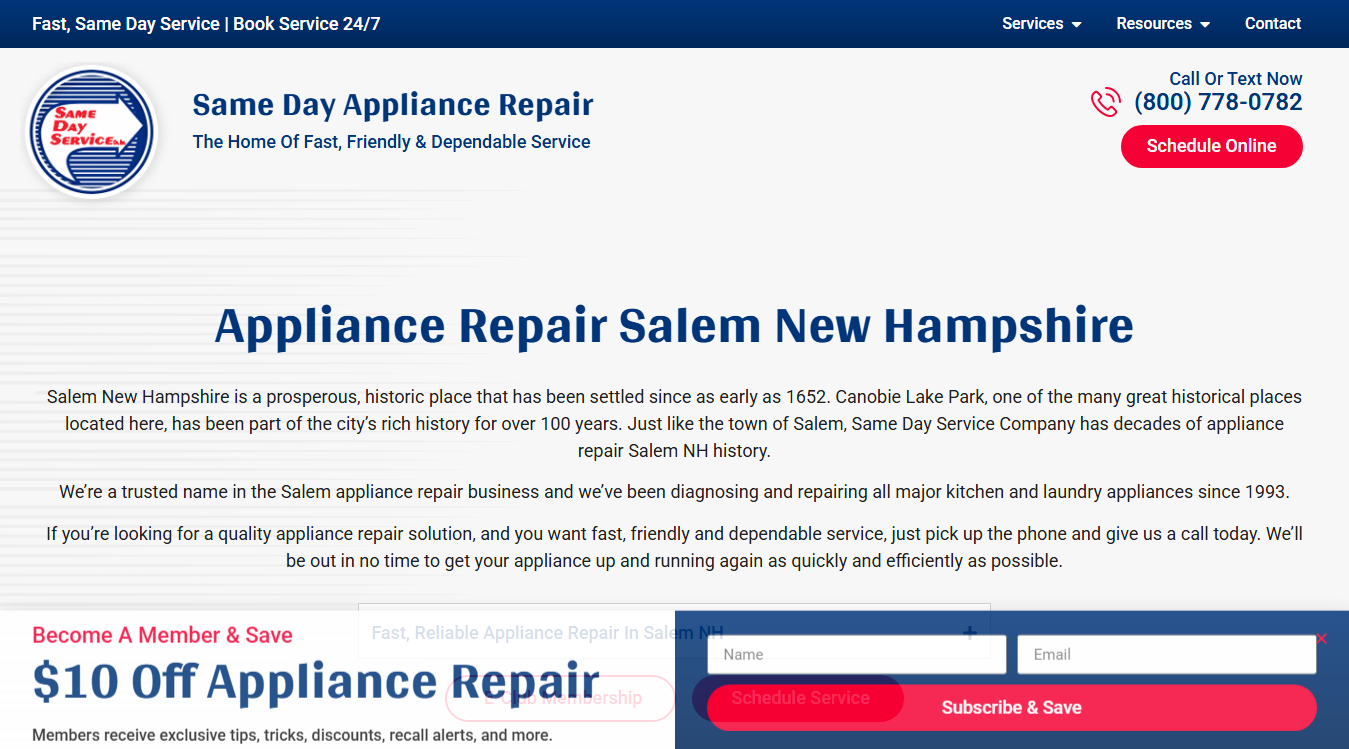 Website screenshot for Same Day Service Company Inc.