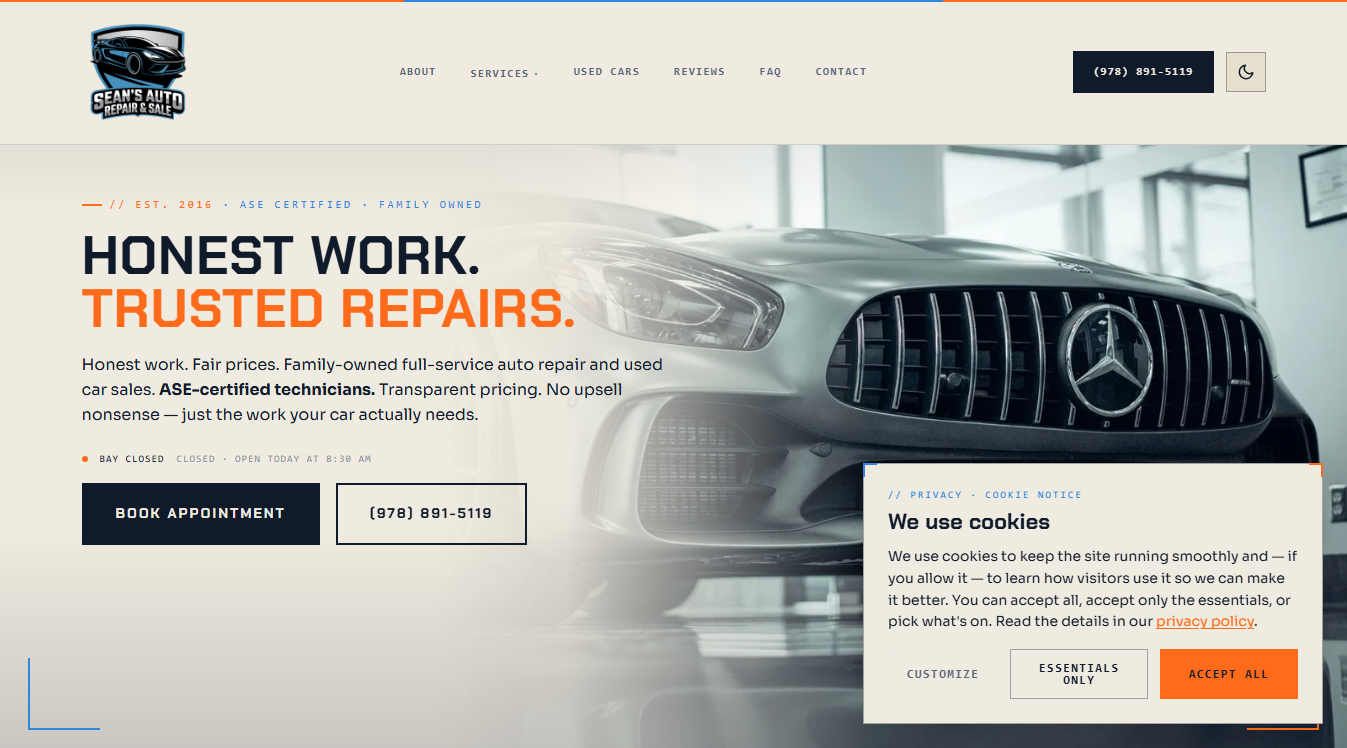 Website screenshot for Sean's Auto Repair & Sales