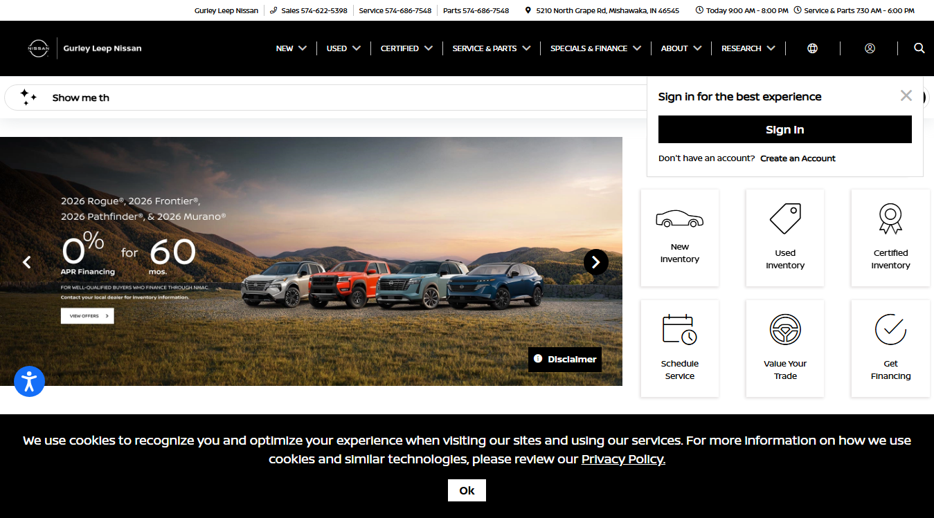 Website screenshot for Service Center at Gurley Leep Nissan