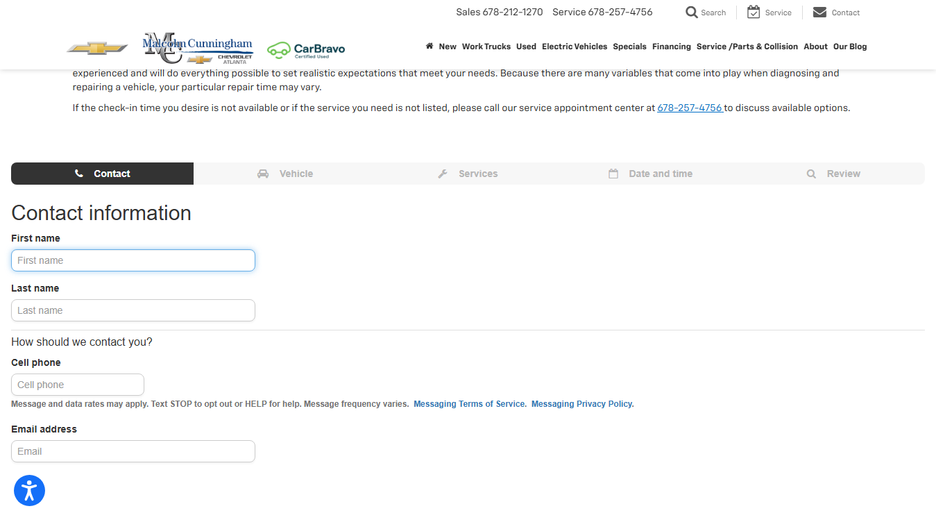 Website screenshot for Service Center - Malcolm Cunningham Chevrolet North Point