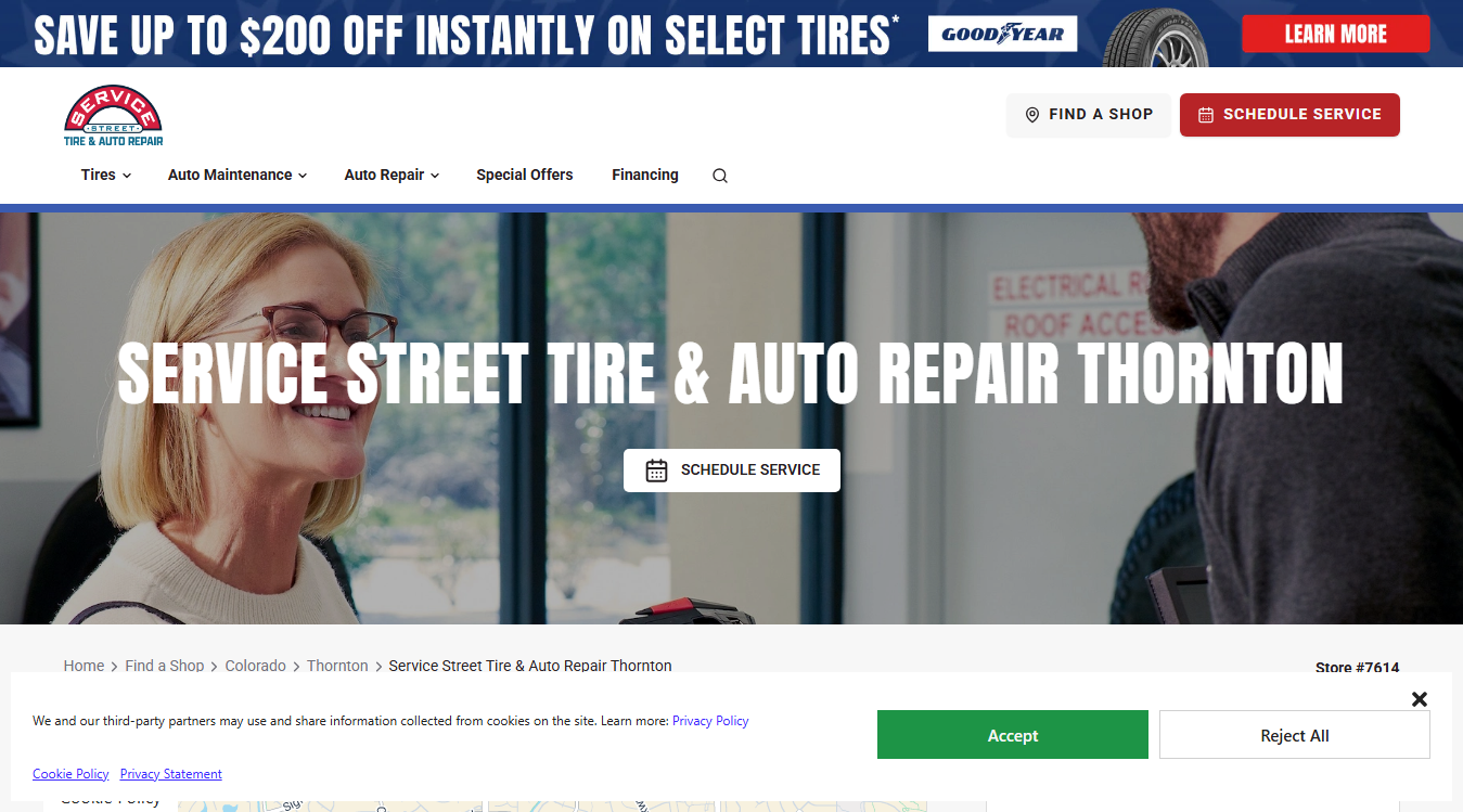 Website screenshot for Service Street Tire & Auto Repair