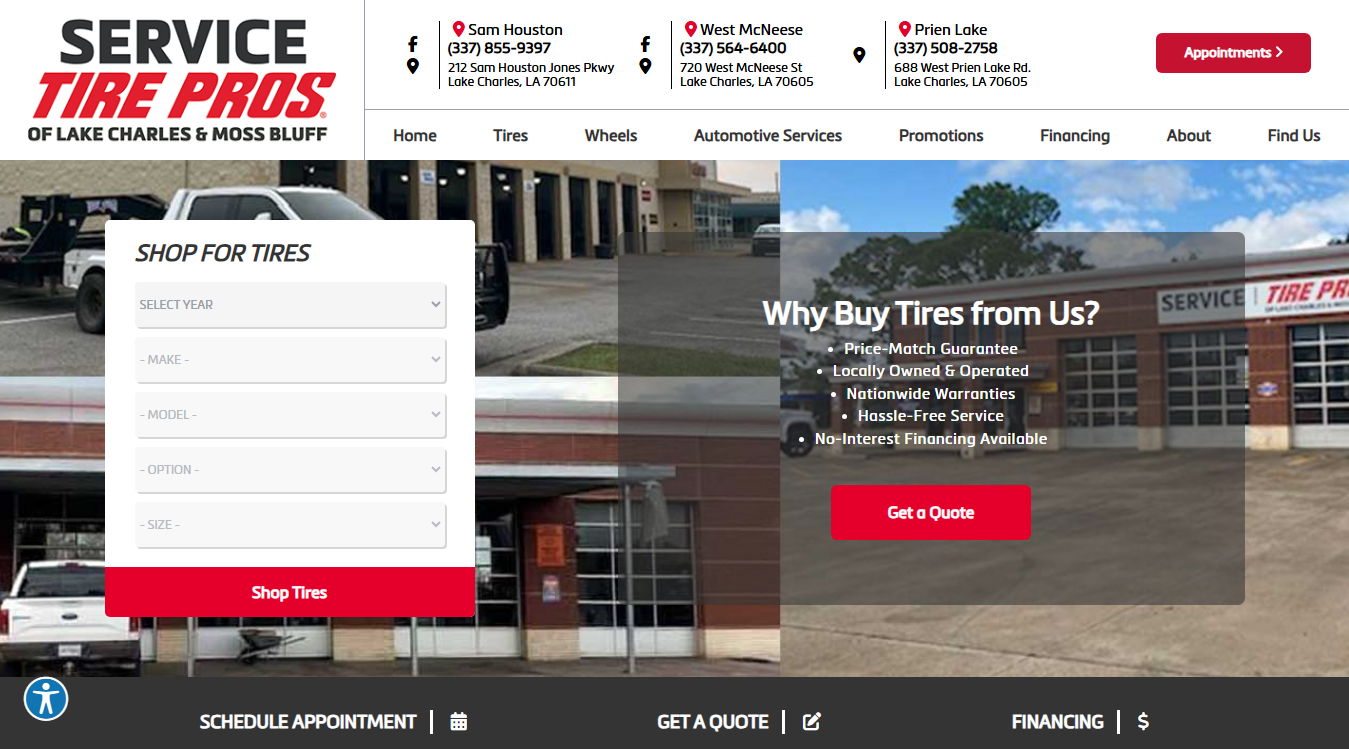 Website screenshot for Service Tire Pros of Lake Charles & Moss Bluff
