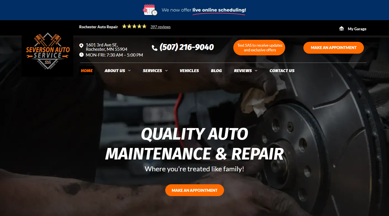 Website screenshot for Severson Auto Service