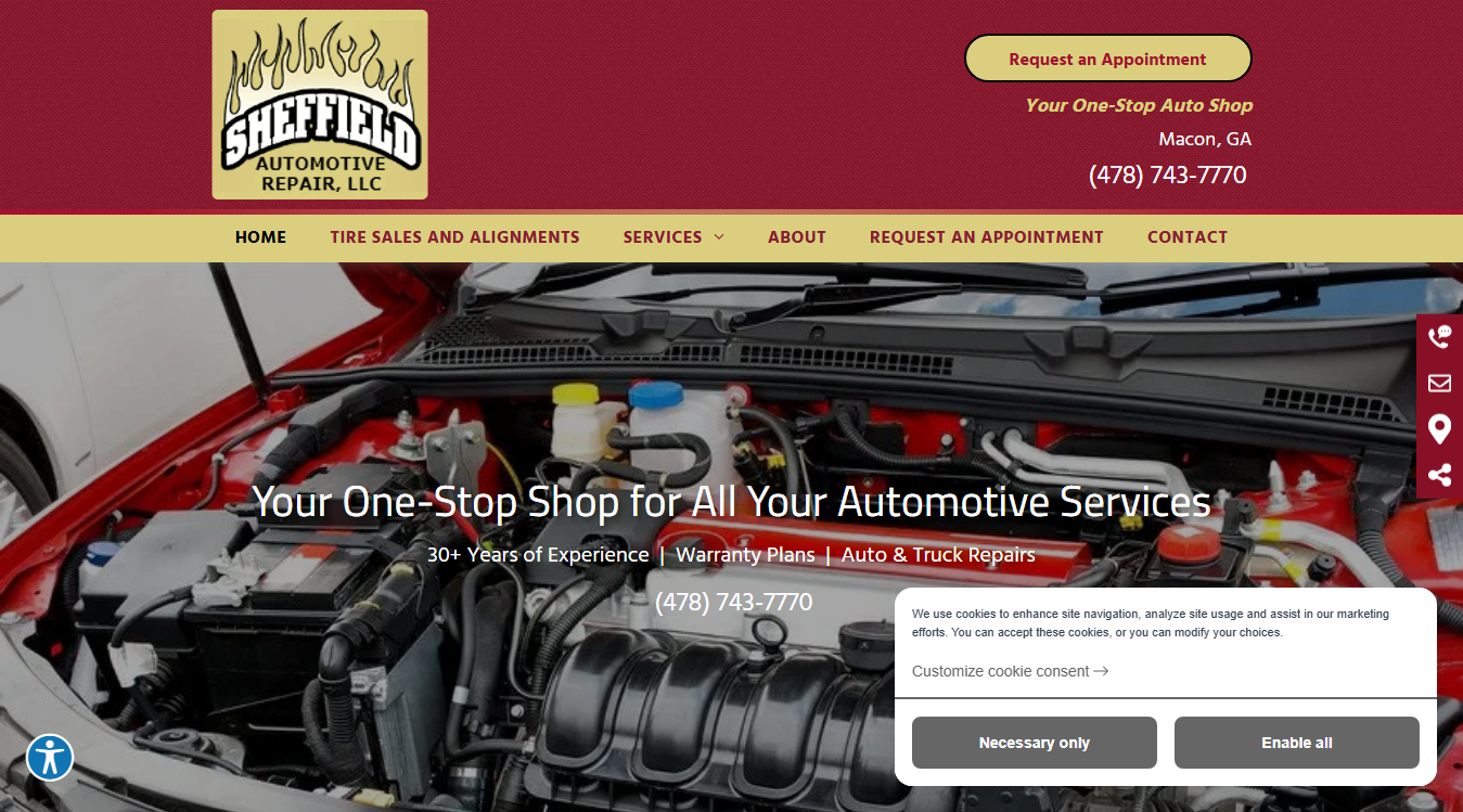 Website screenshot for Sheffield Automotive Repair, LLC