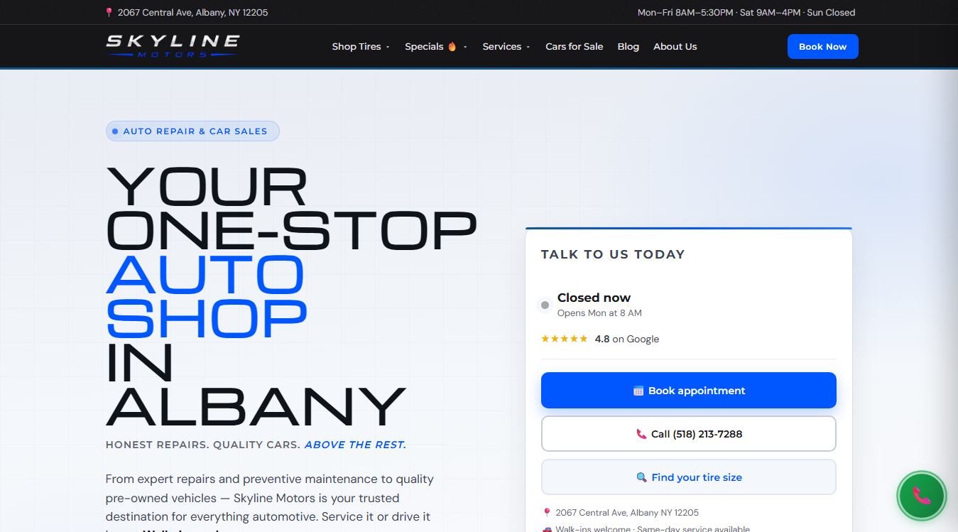 Website screenshot for Skyline Motors and Repair
