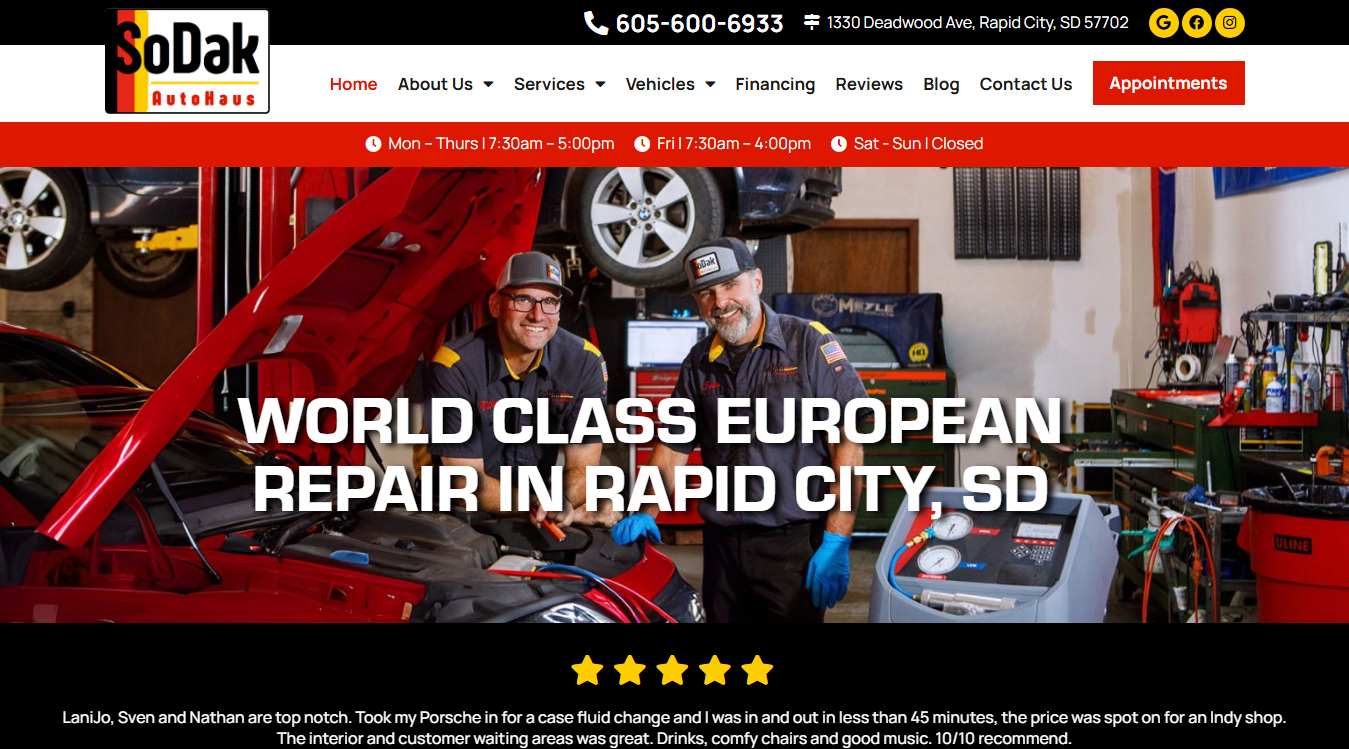 Website screenshot for SoDak AutoHaus