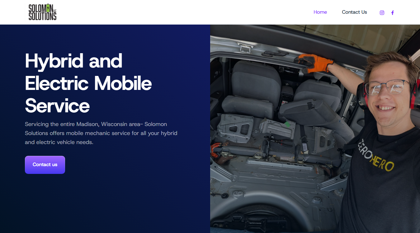 Website screenshot for Solomon Solutions-Mobile hybrid/electric car and battery repair