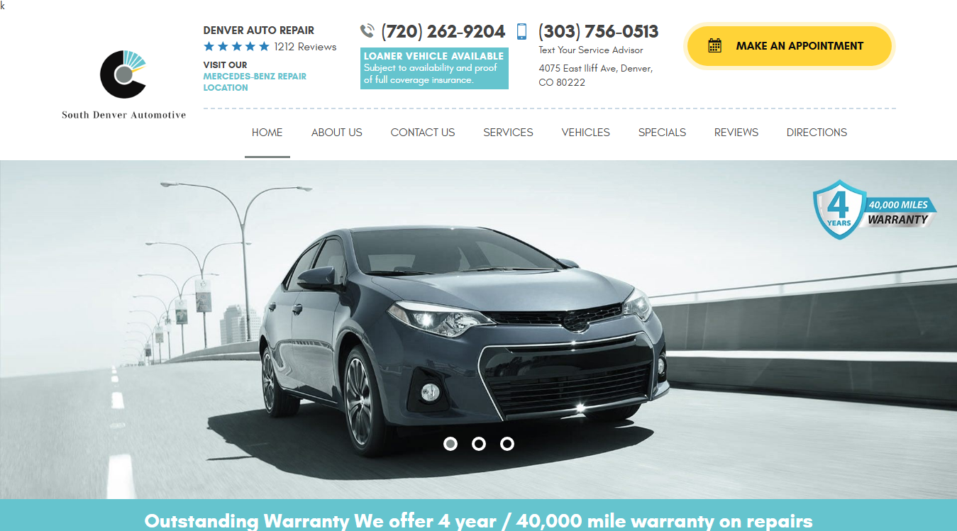 Website screenshot for South Denver Automotive