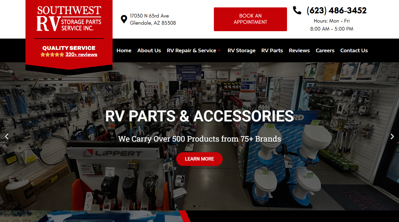 Website screenshot for Southwest RV - Storage Parts Service Inc.