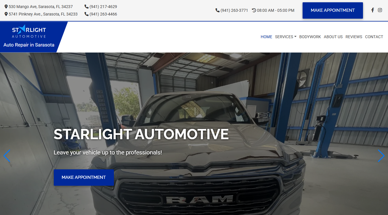 Website screenshot for Starlight Automotive - Full Service Vehicle Maintenance & Car Repair Shop