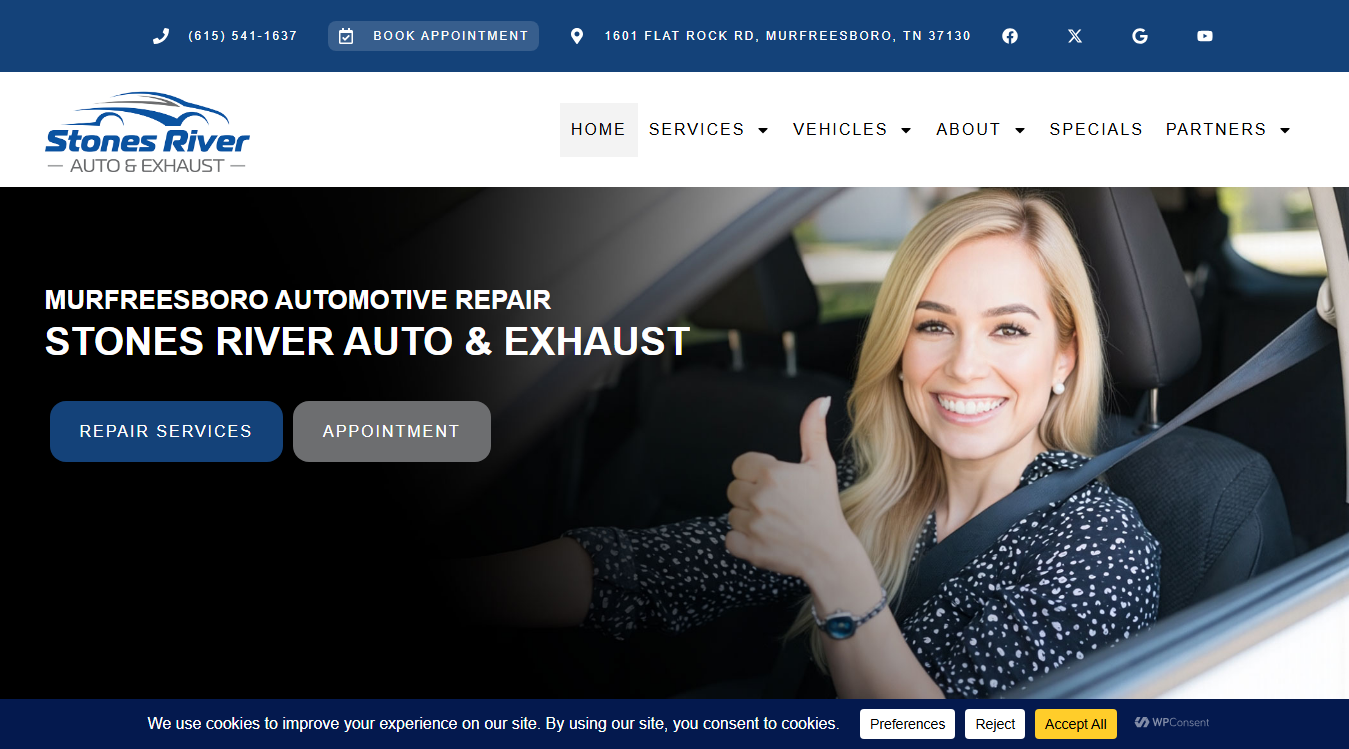 Website screenshot for Stones River Auto and Exhaust
