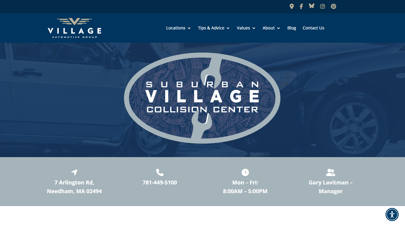 Website screenshot for Suburban Village Collision Center
