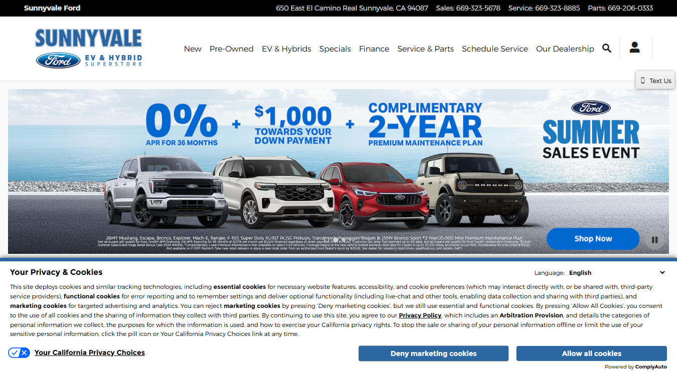 Website screenshot for Sunnyvale Ford Service