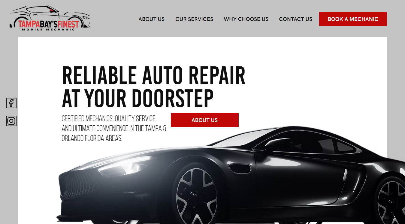 Website screenshot for Tampa Bay's Finest Mobile Mechanic