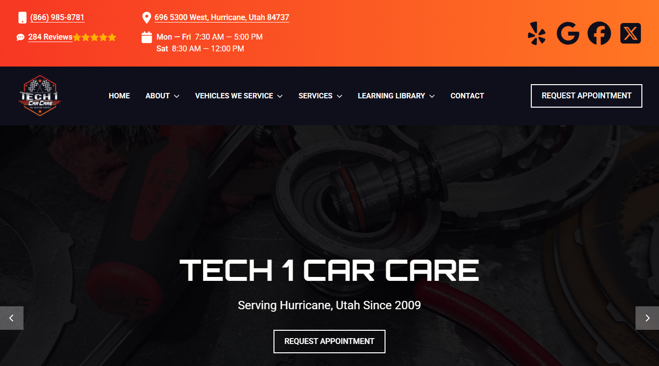 Website screenshot for Tech 1 Car Care