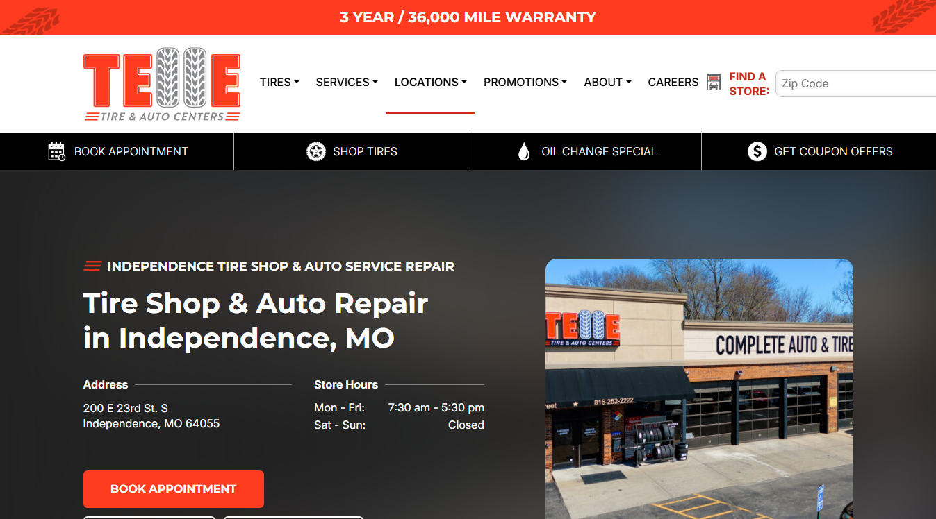 Website screenshot for Telle Tire & Auto Centers Independence