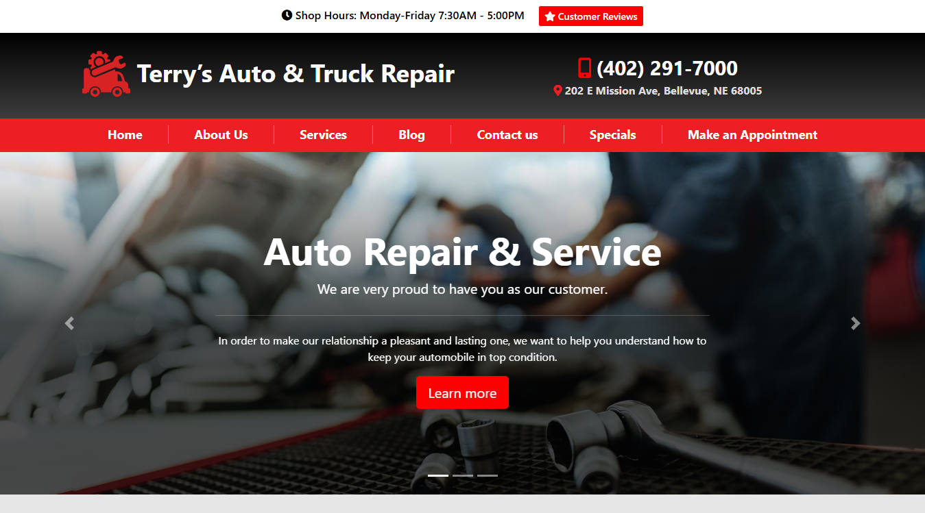 Website screenshot for Terry's Auto & Truck Repair