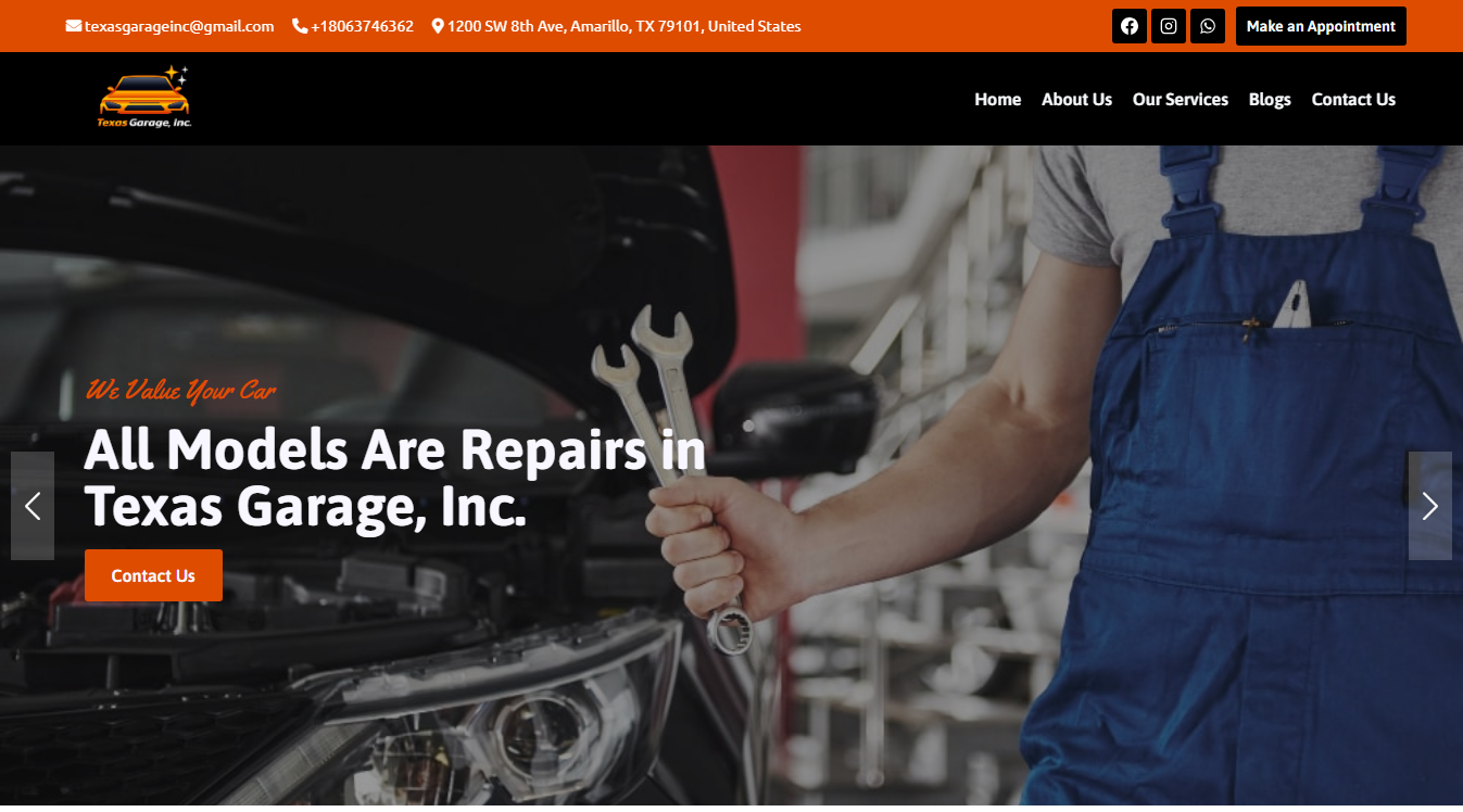 Website screenshot for Texas Garage, Inc.