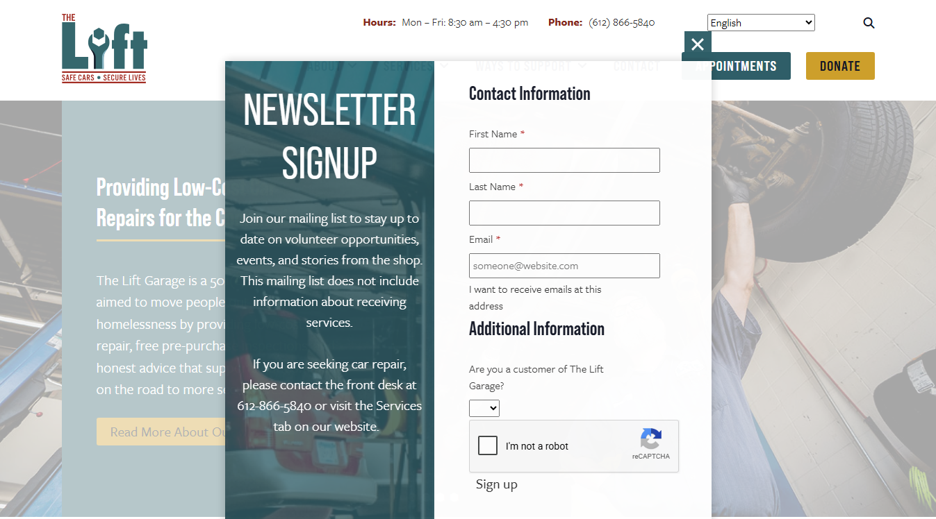 Website screenshot for The Lift Garage