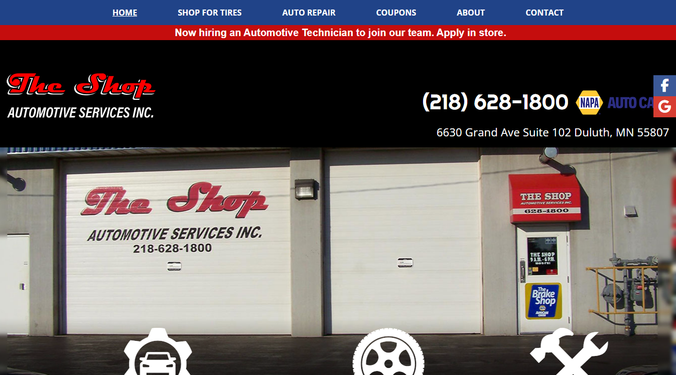 Website screenshot for The Shop Automotive Services inc.
