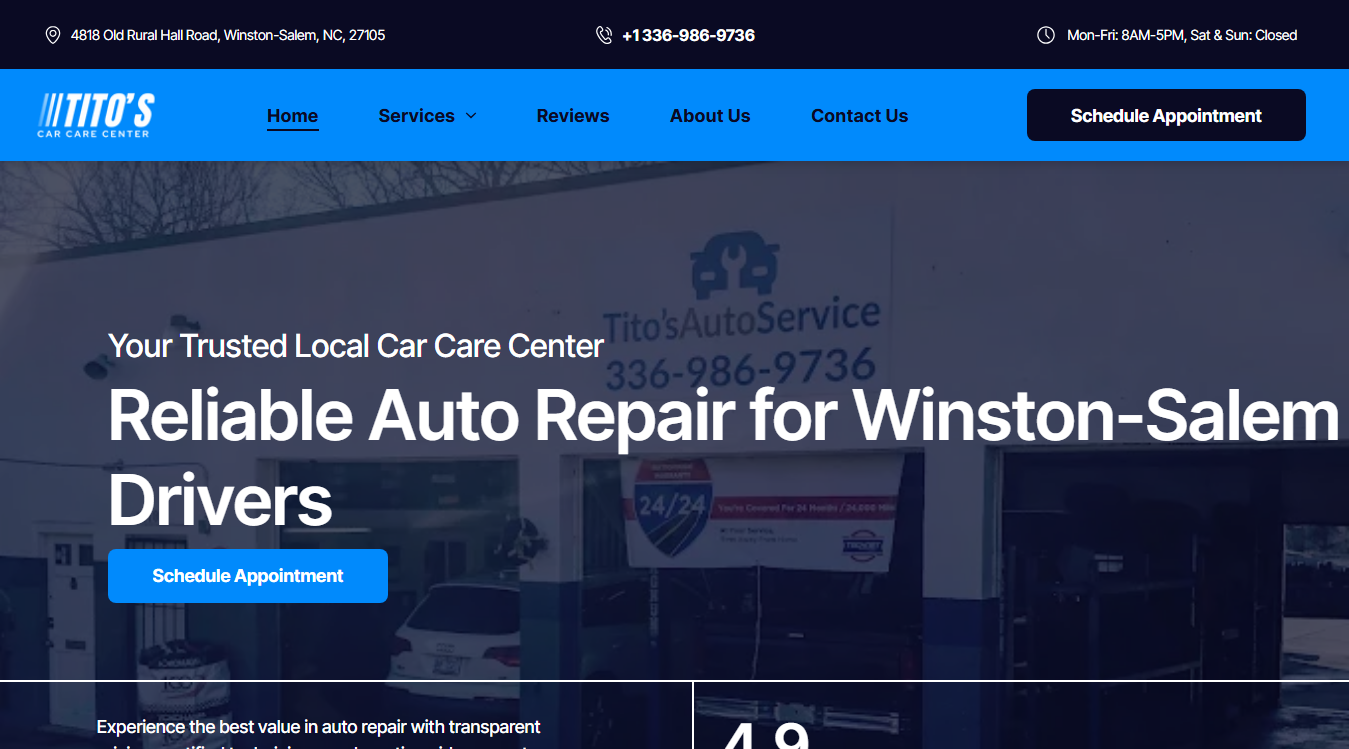 Website screenshot for Tito’s Car Care Center