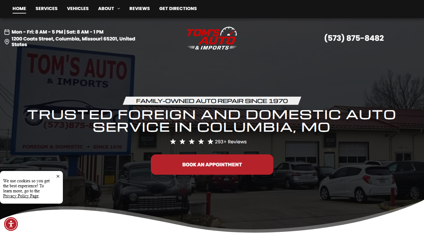 Website screenshot for Tom's Auto and Imports