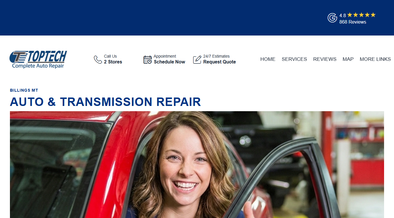 Website screenshot for Top Tech Automotive
