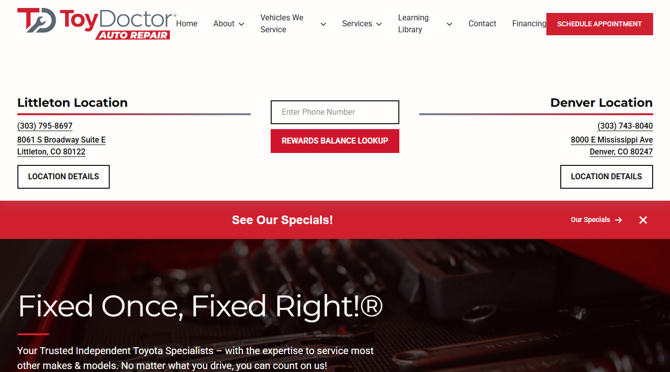 Website screenshot for Toy Doctor Auto Repair- Denver