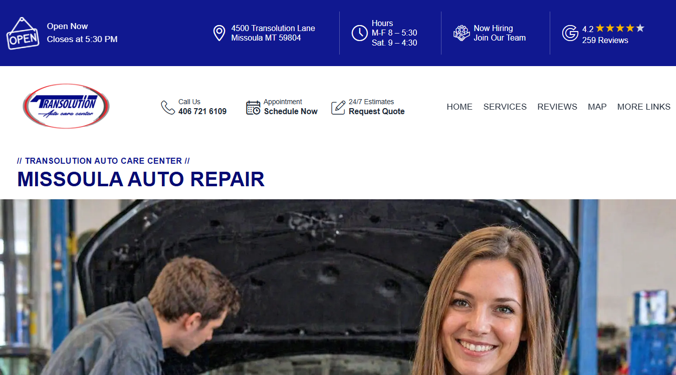 Website screenshot for Transolution Auto Care Center