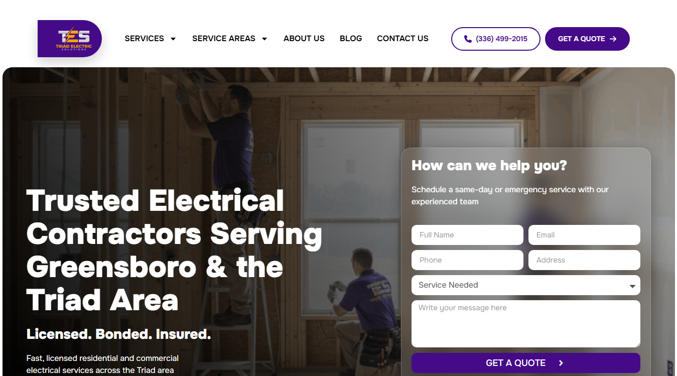 Website screenshot for Triad Electric Solutions - Greensboro Electrician