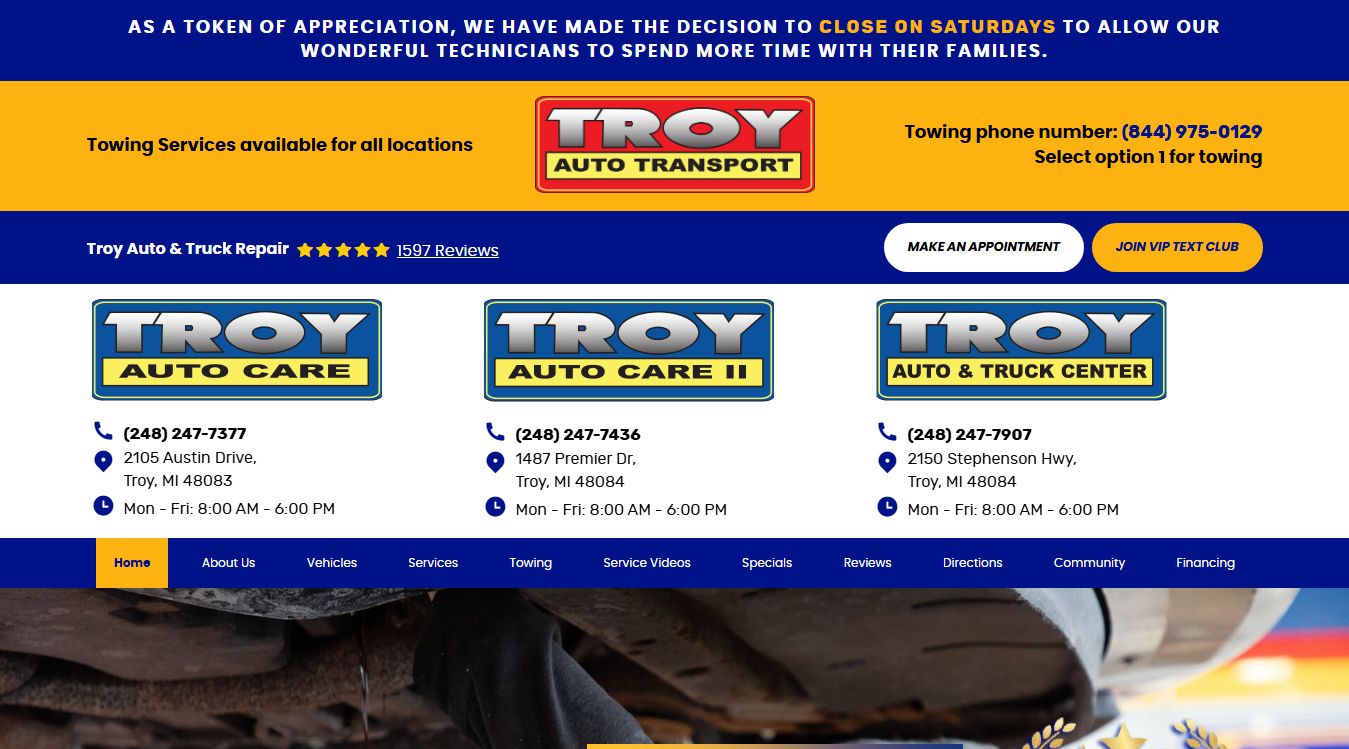 Website screenshot for Troy Auto Care