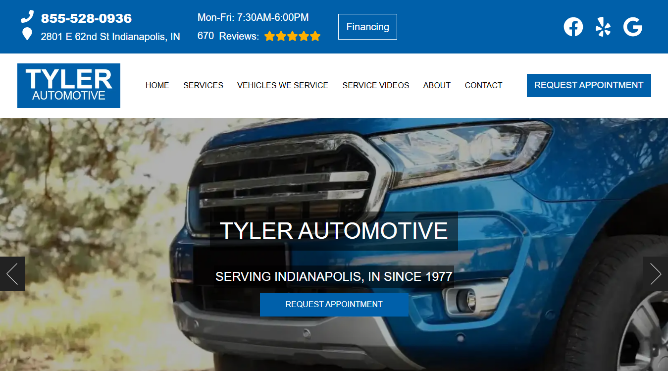 Website screenshot for Tyler Automotive