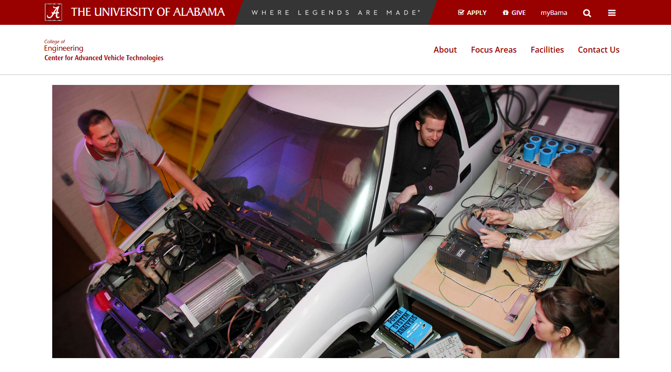 Website screenshot for UA Center for Advanced Vehicle Technologies (CAVT)