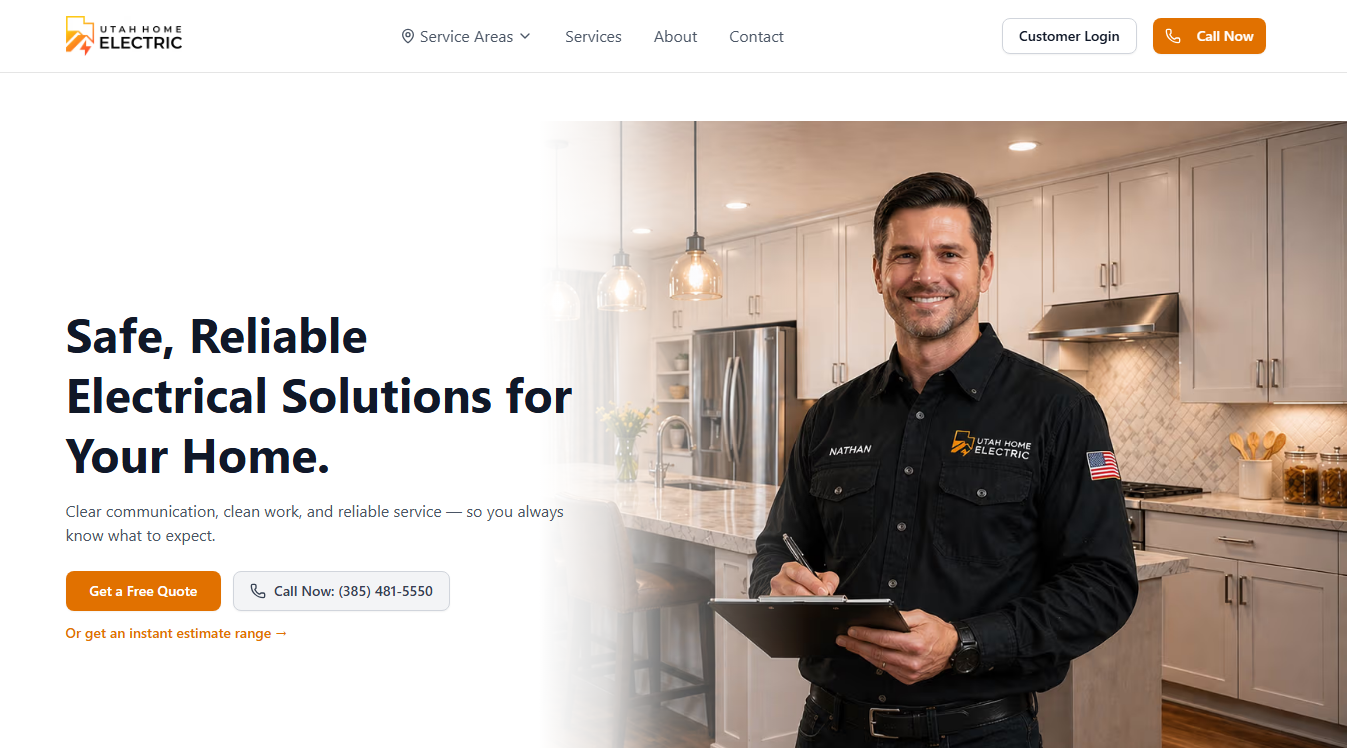 Website screenshot for Utah Home Electric