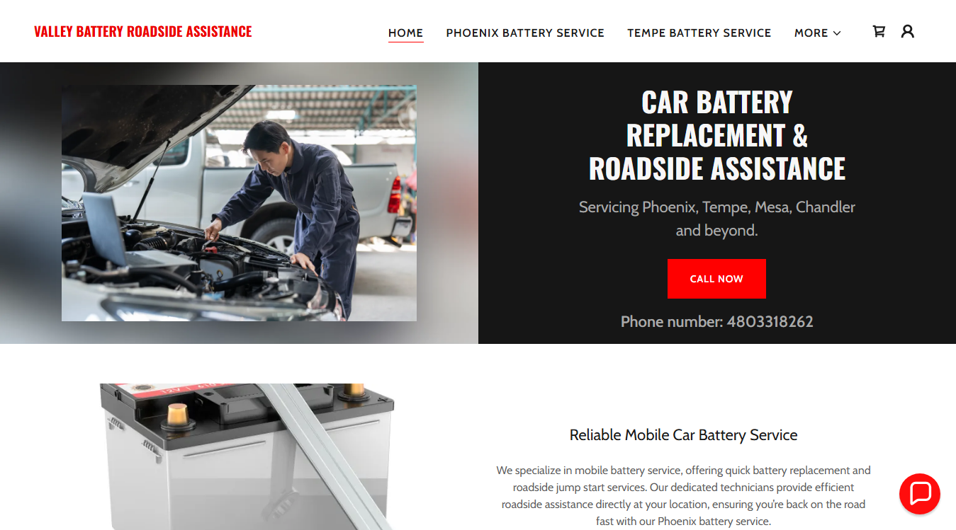 Website screenshot for Valley Battery & Roadside Assistance