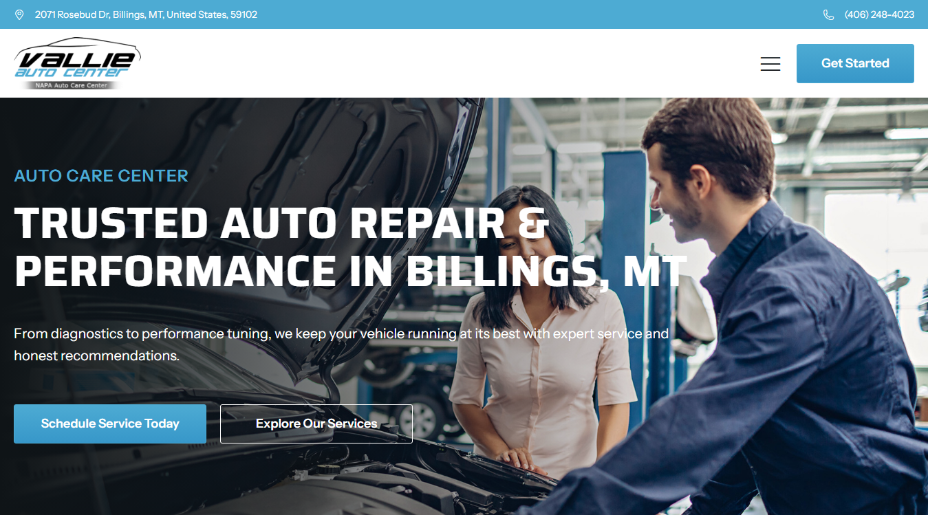 Website screenshot for Vallie Automotive Center