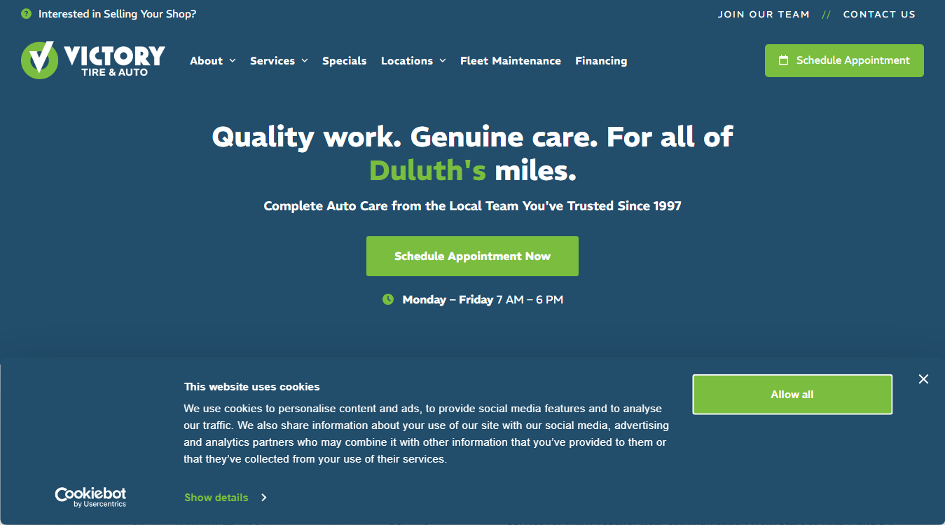 Website screenshot for Victory Tire & Auto